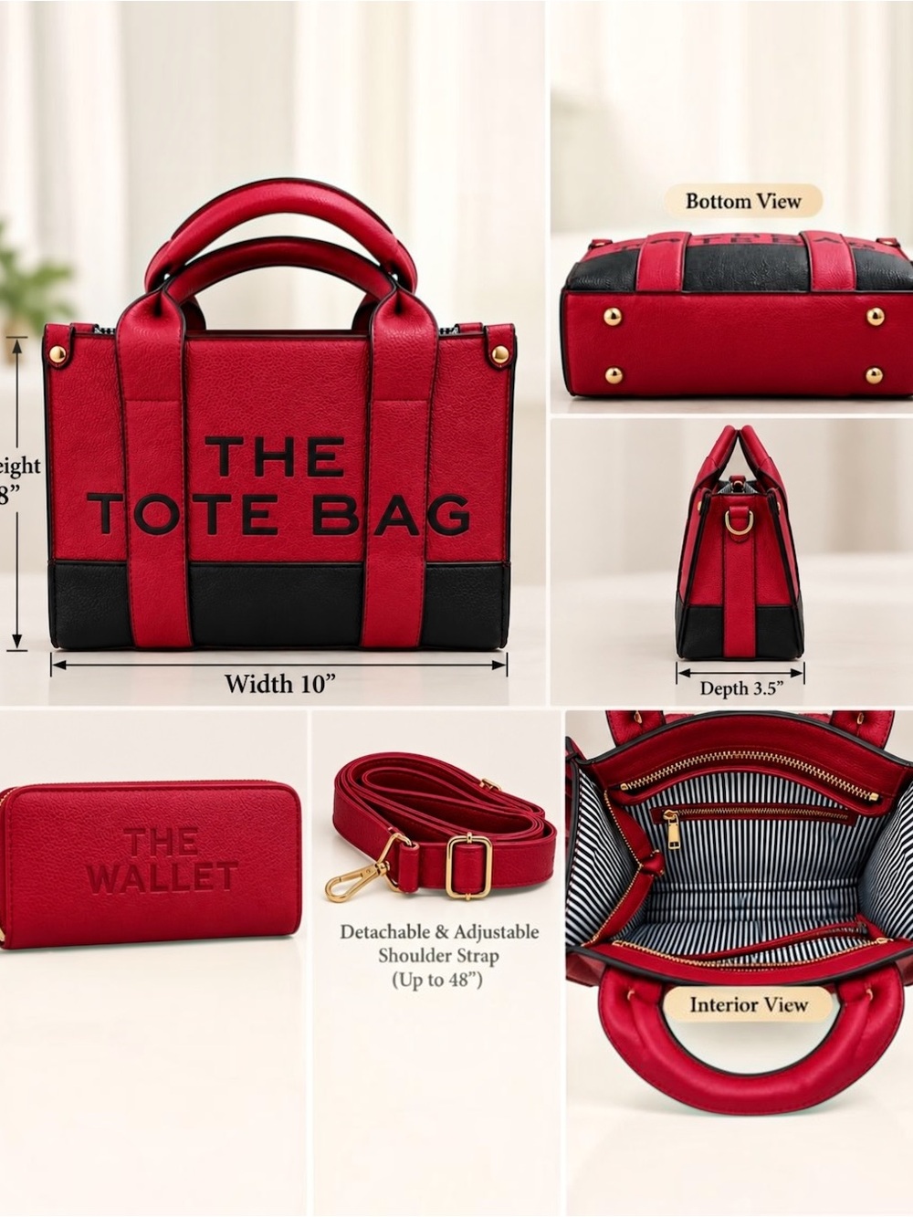 NWT Red Black Faux Leather Tote Bag Wallet Crossbody Strap Set